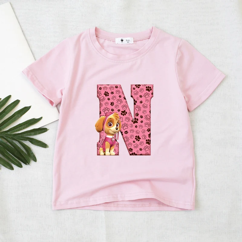 Paw Patrols Summer Kids Clothes Pink Baby Girl T Shirt Short Sleeve Cartoon Skye Letter Print Tops Toddler Tees Birthday Gifts view 3