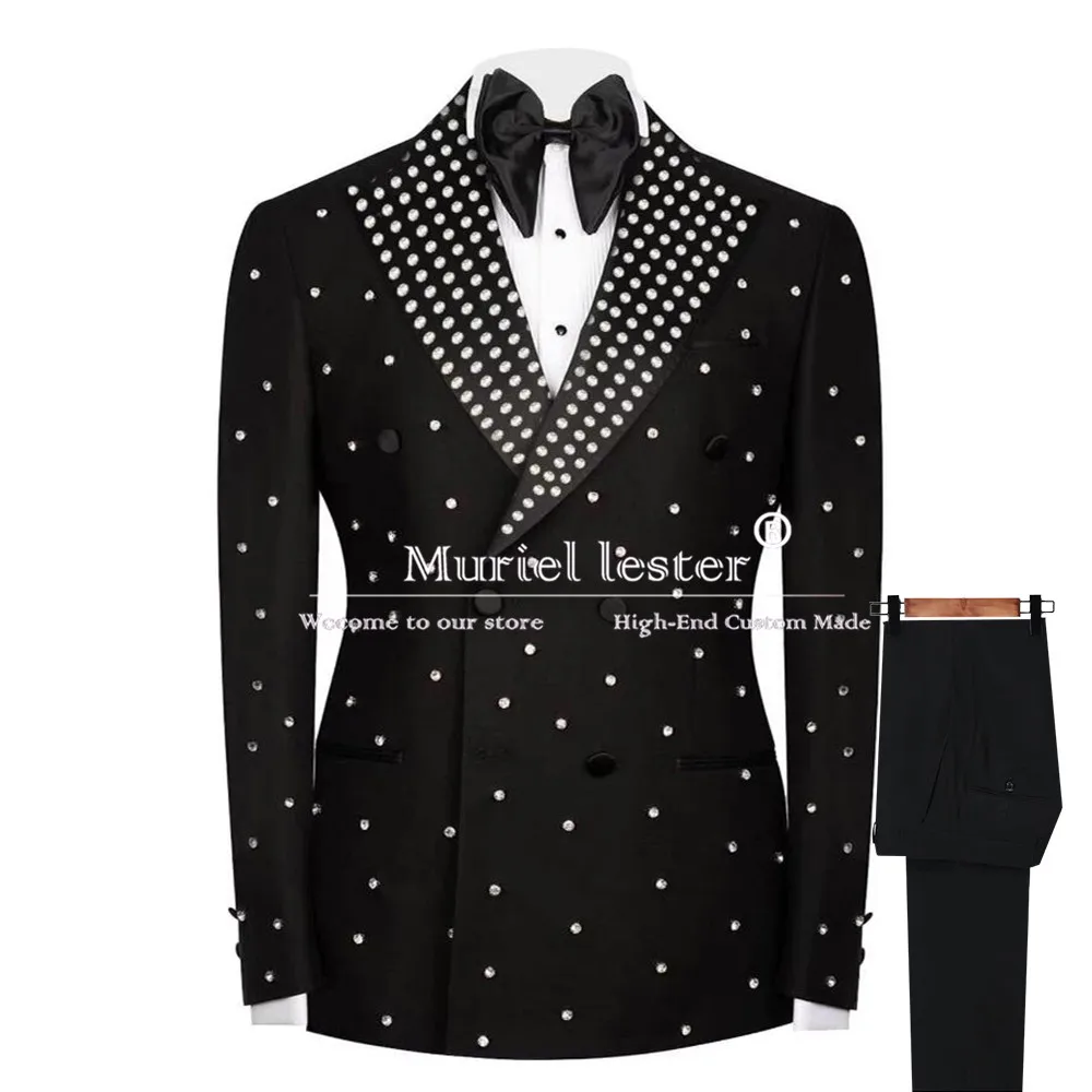 Sparkly Diamond Beaded Suits Men Formal Party Double Breasted Jacket Pants 2 Pieces Groom Wear Wedding Tuxedo terno masculinos