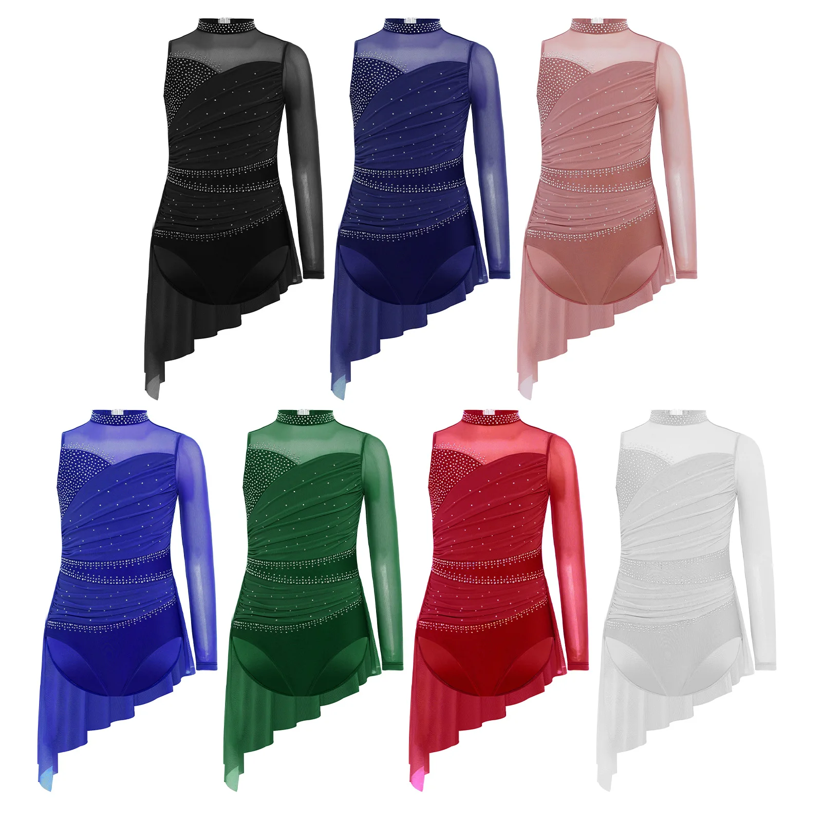 فستان رقص غنائي للأطفال البنات، زي أداء التزلج على الجليد، فساتين يوتار شبكية غير متناظرة بأحجار الراين #2