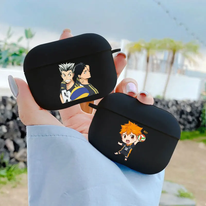 Bonita funda de silicona negra para auriculares inalámbricos con Bluetooth, Anime japonés Oya Haikyuu Love, voleibol, AirPods 12, 3 Pro