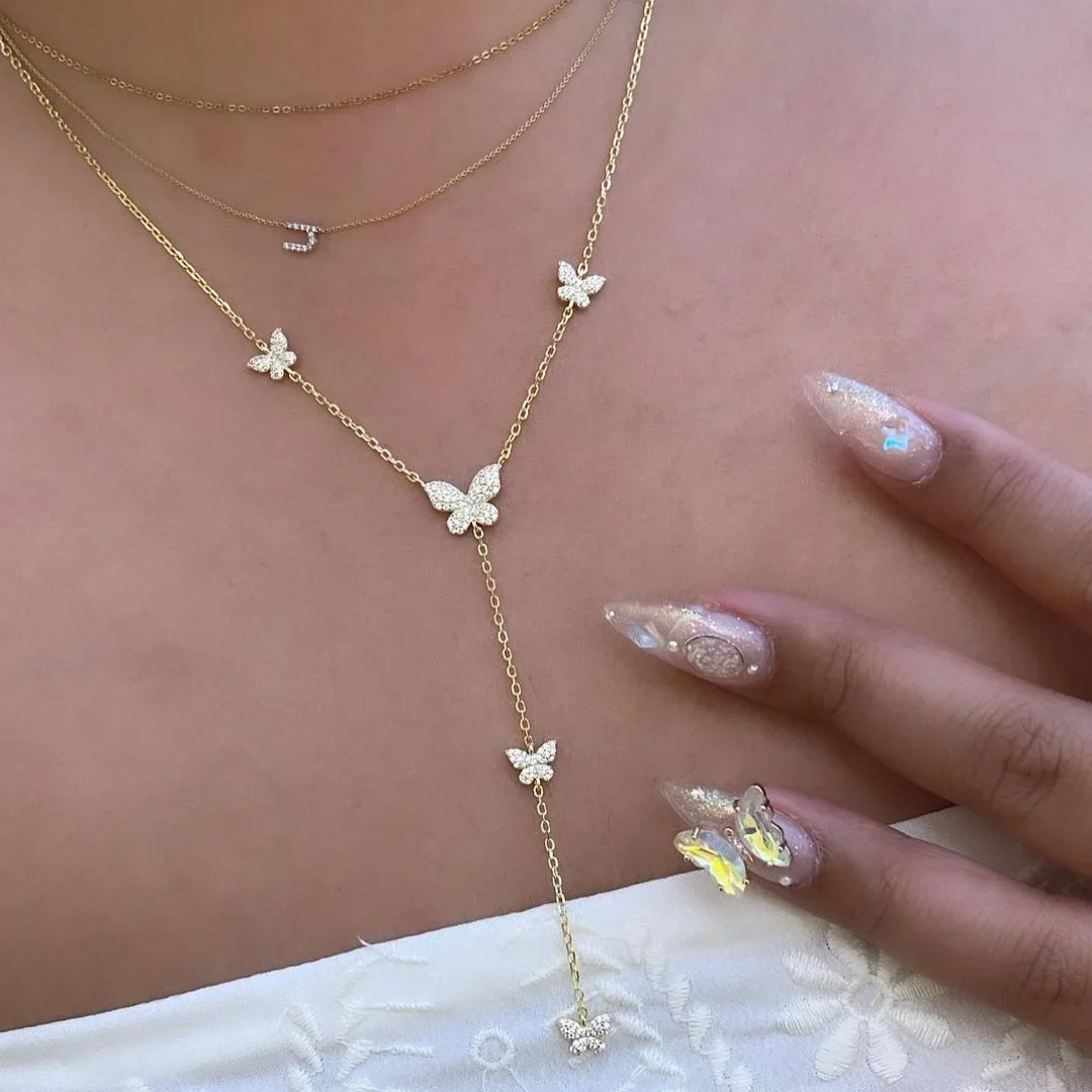 micro pave cz cute lovely butterfly charm sexy women necklace long Y lariat chain for girl lover jewelry