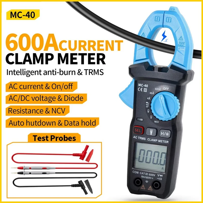 ABJI-MC-40 Clamp Meter Digital Multimeter AC DC Voltage 600V AC 600A Diode NCV Ohm Test 6000 Counts True RMS Auto Range