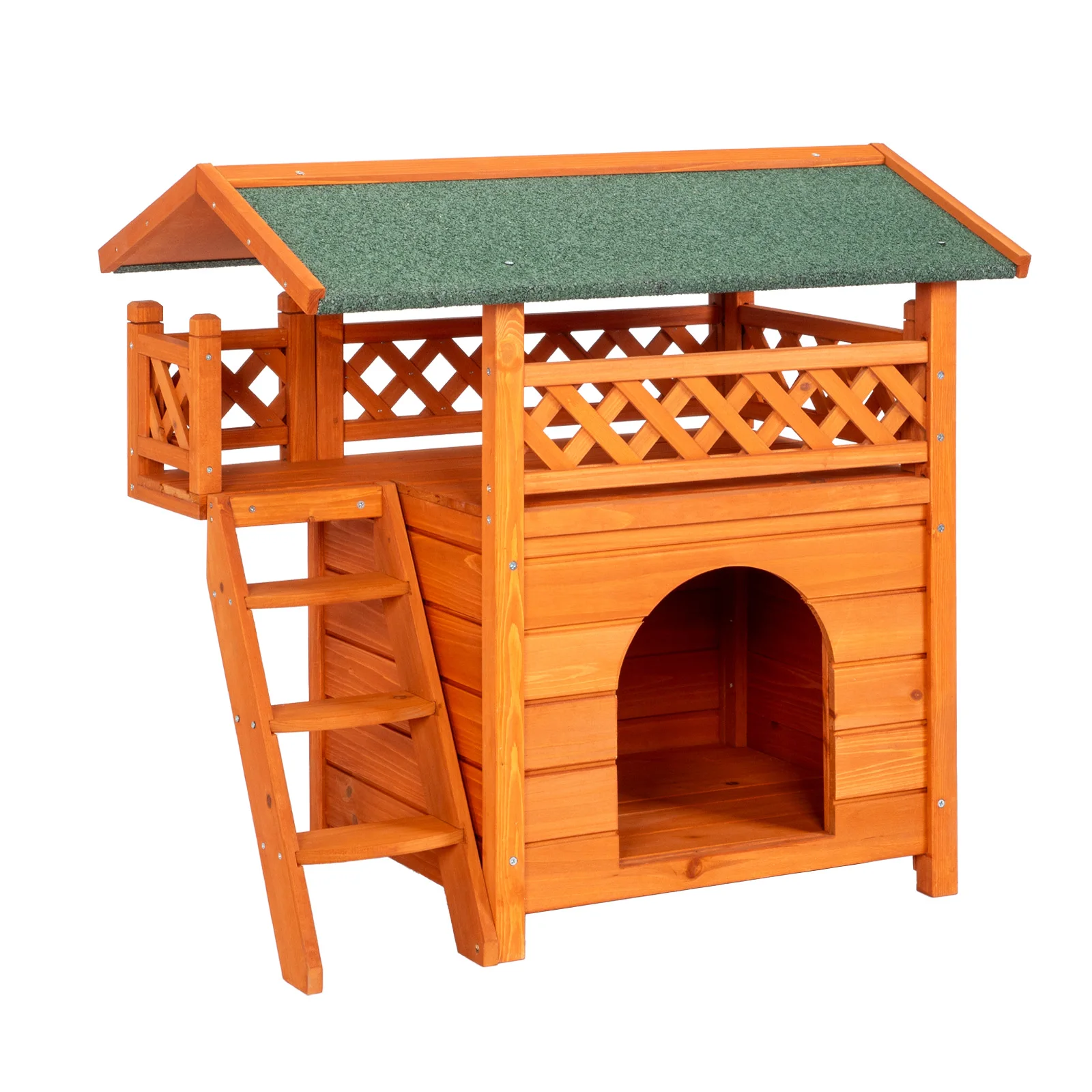 

2-Story Wooden Feral Cat House Outdoor Indoor Kitty Houses with Door & Stairs & Weatherproof Roof, Orange & Green