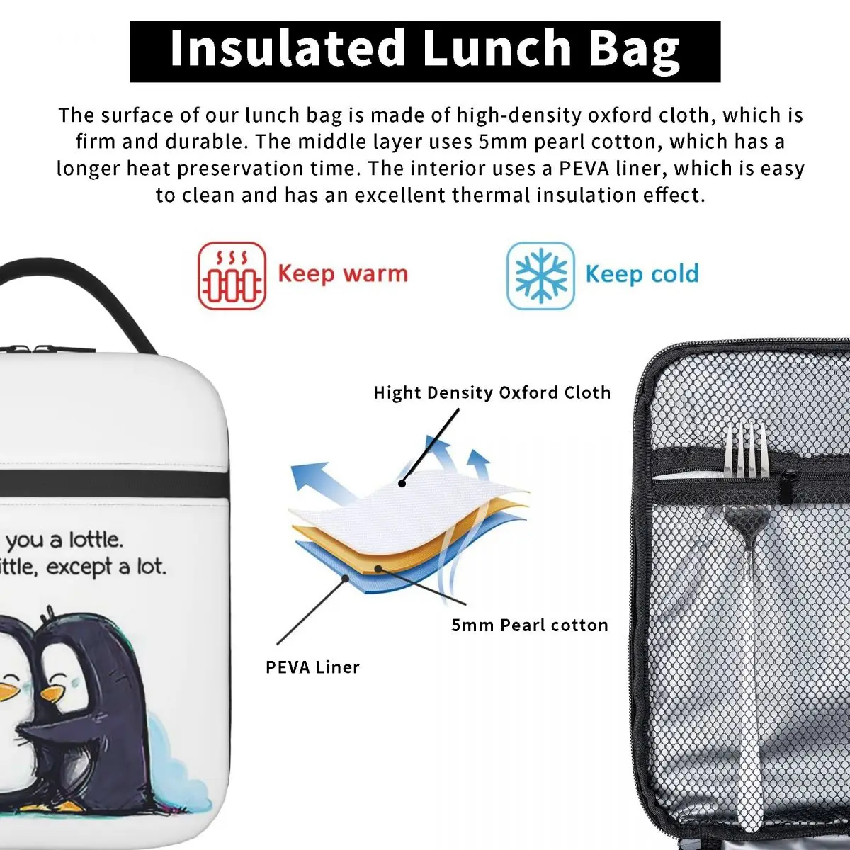 I Like You A Lottle Penguin Insulated Lunch Bag for Women Kids Leakproof Food Boxes Thermal Lunch Box Tote