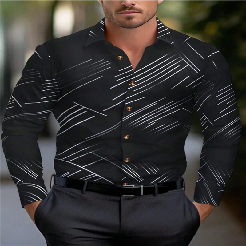 2024 Mens Stripe Print Long Sleeve Lapel Button Shirt Street Fashion Casual Hawaiian Shirt Fast Shipping 6XL