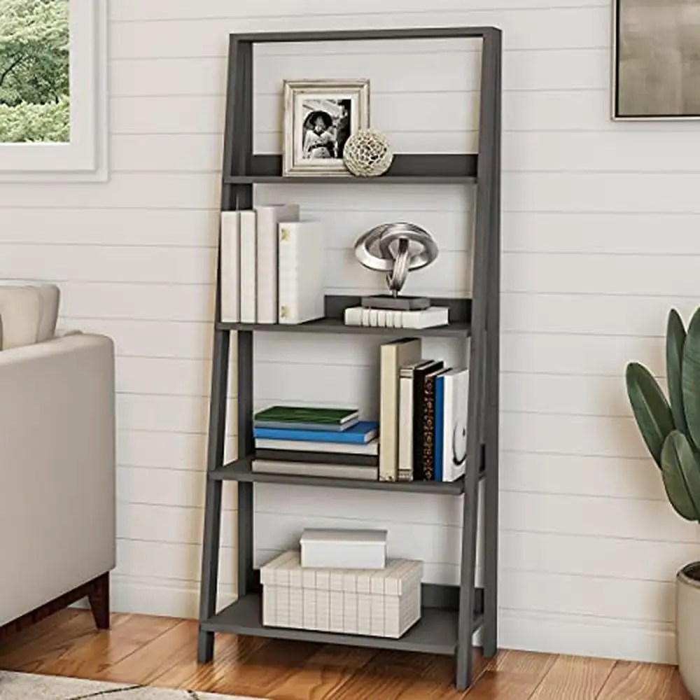 

4 Tier Lightweight MDF Wood Ladder Bookshelf Sturdy Freestanding Shelved Storage Living Room Bathroom Kitchen Gray 24"x13"x55.25