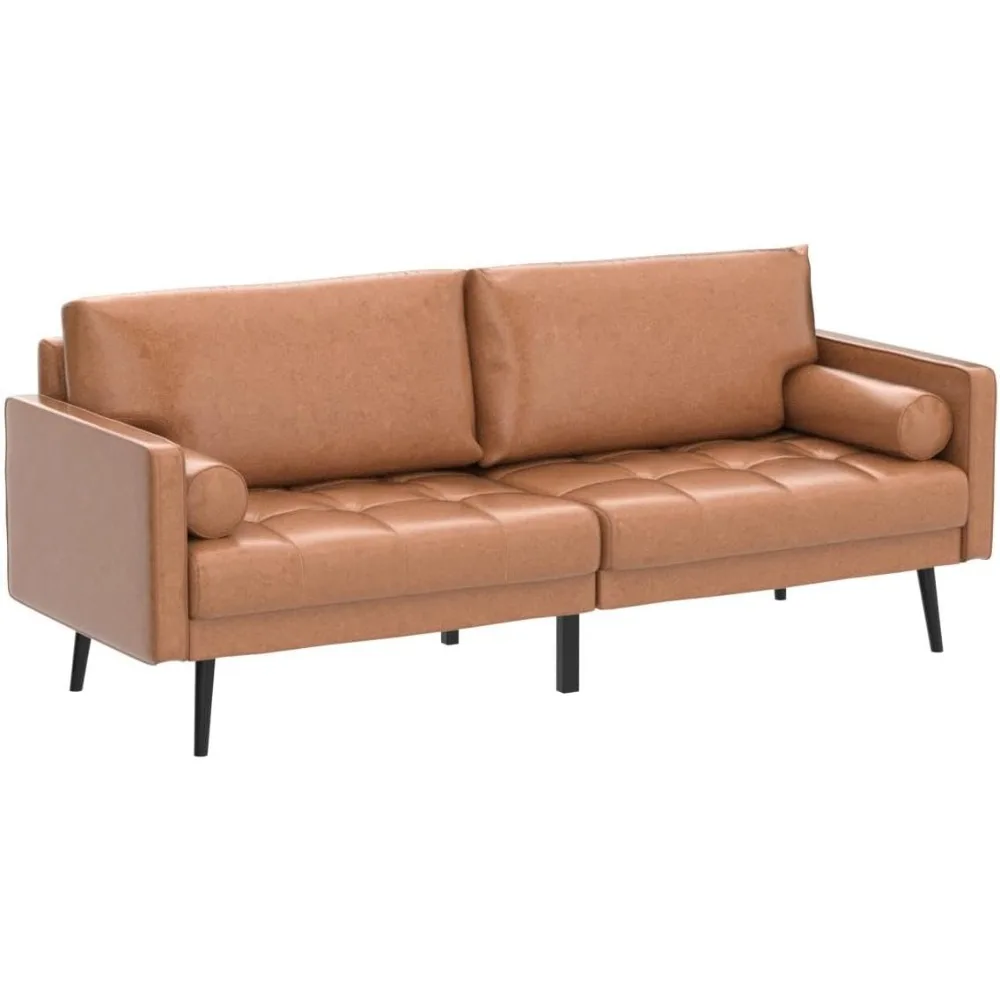 Faux Leather Sofa Couch, Mid-Century 73 Inch 3 Seater Leather Couch with Hand-Stitched Comfort Cushion and Bolster Pillows