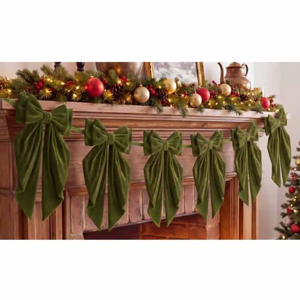 Soft Christmas Bow Garland Handmade Reusable Red Bow Banner Widely Use Multi-functional Christmas Velvet Ornament Holiday