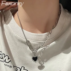 FOXANRY Black LOVE Heart Sweater Necklace Party Jewelry Charm Women Girl New Fashion Sparkling Zircons Wedding Accessories Gifts