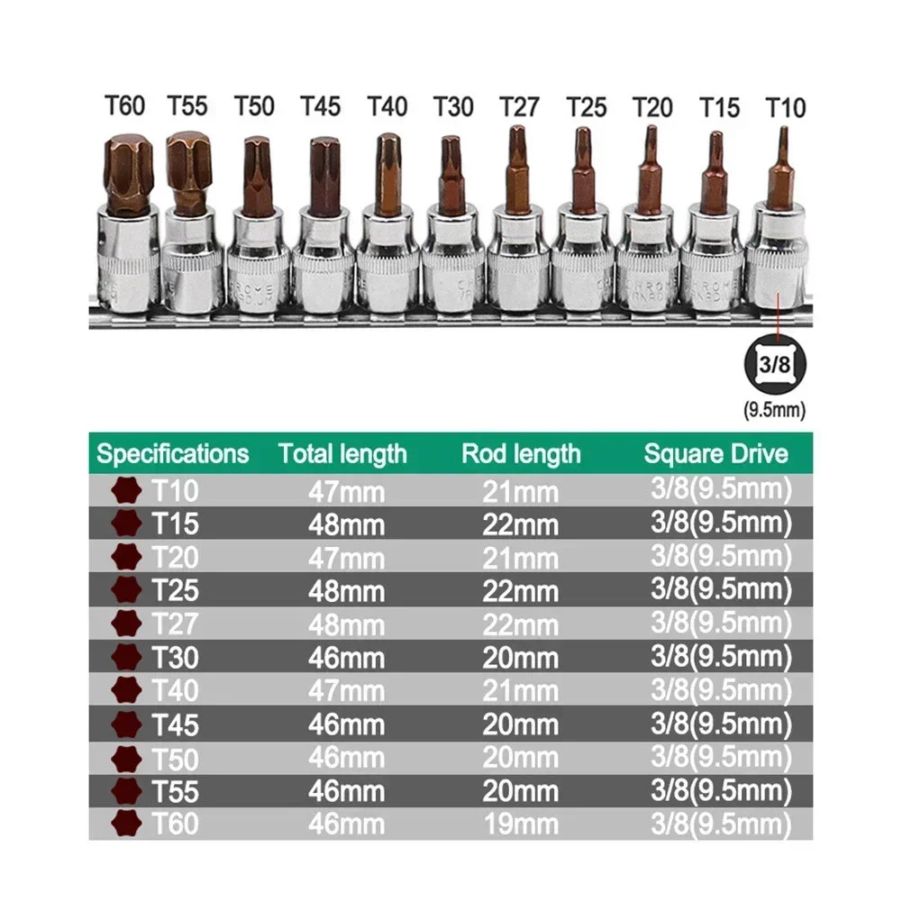 Imagem -05 - Polegada Hex Drive Torx Soquete Bit Conjunto Chave de Fenda Bits Ferramentas Manuais T15 T20 T25 T27 T30 T40 T45 T50 T55 T60 11 Peças