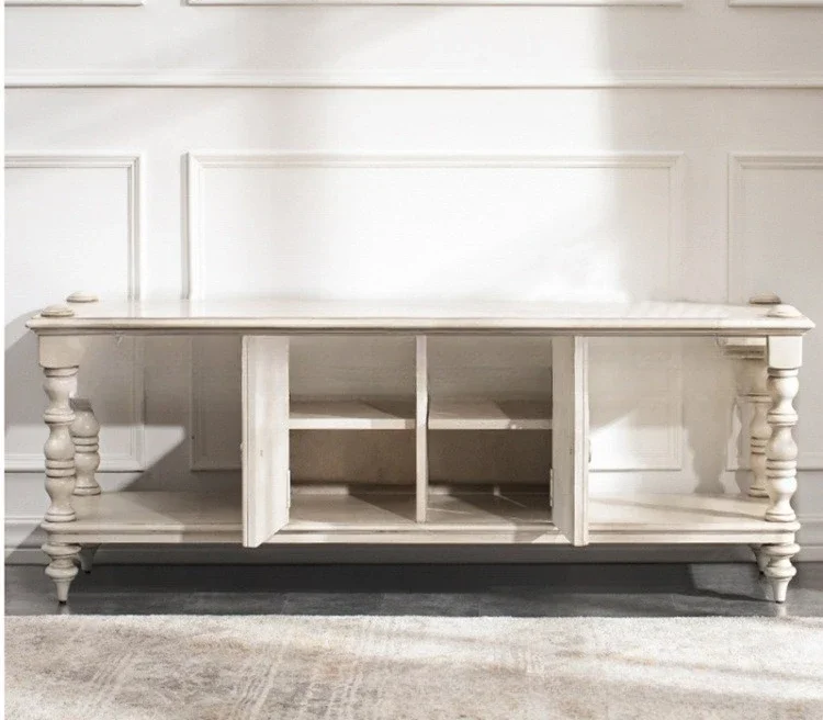 American solid wood coffee table, simple log carved white TV cabinet audio-visual cabinet, oak locker