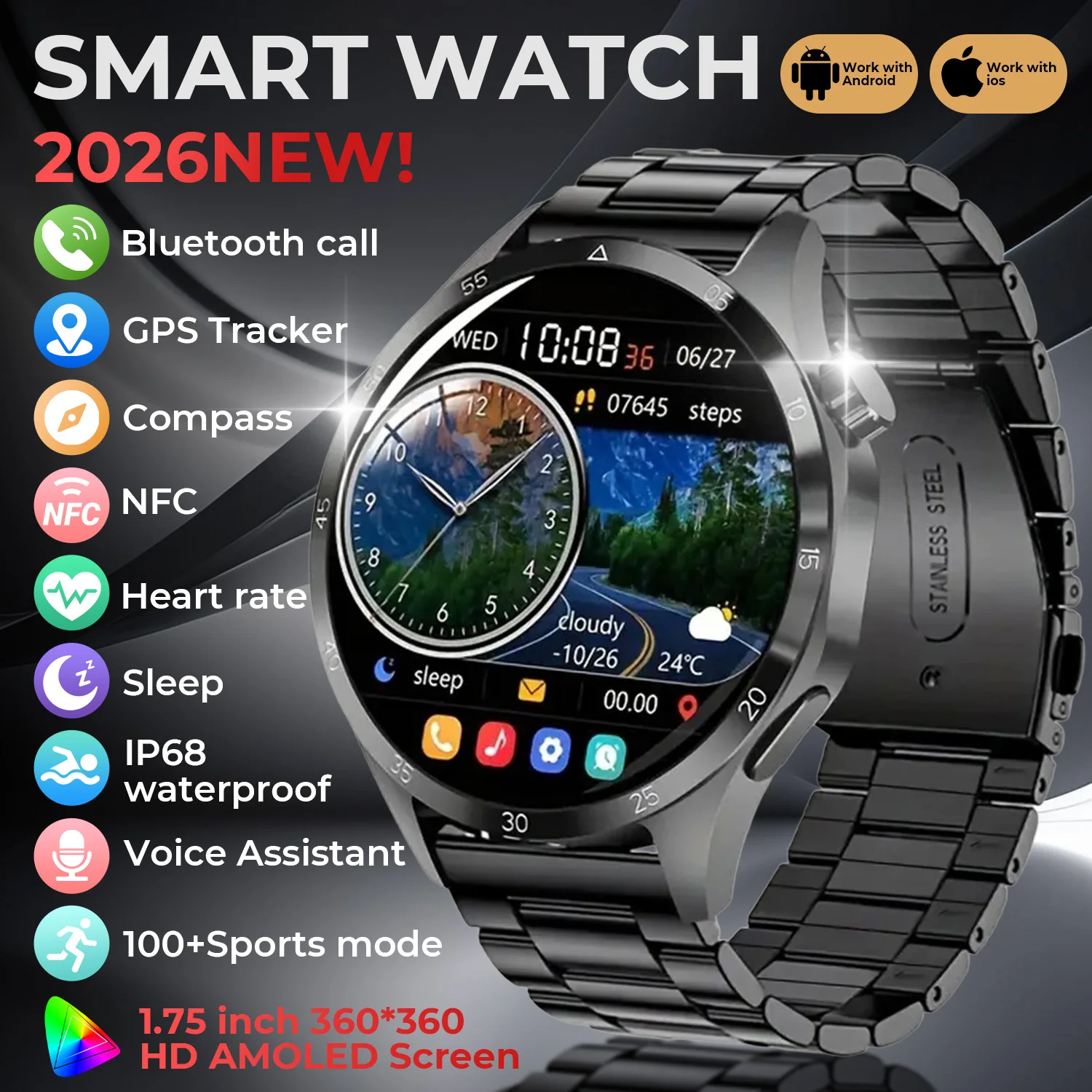 

2026 New SmartWatch 1.52" HD AMOLED Screen Heart Rate Bluetooth Call Women's Health Monitoring Smartwatch for Men Women