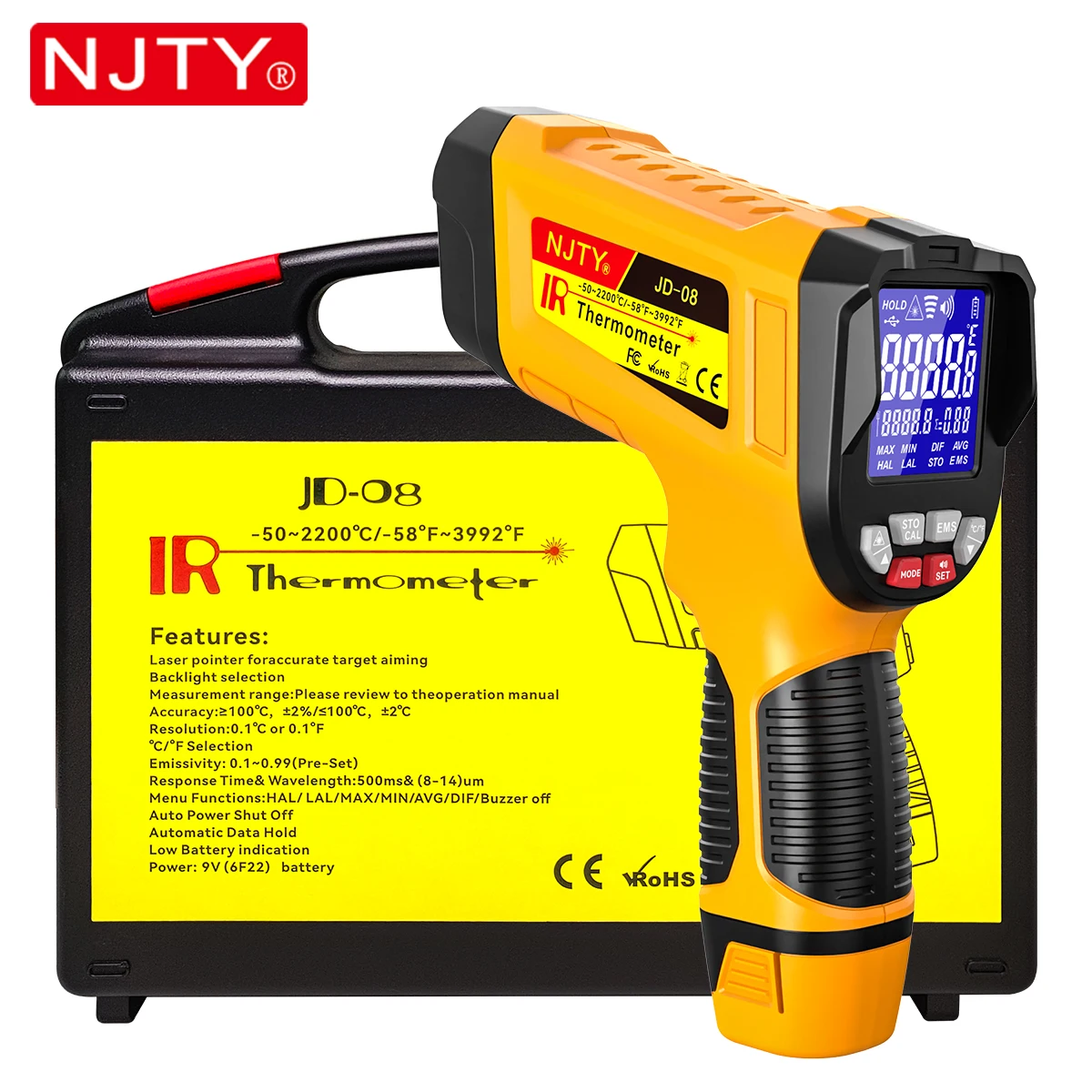   Termómetro Infrarrojo Industrial NJTY JD08 -50°C ℃ ~2200 ℃   Pirómetro Profesional 50:1, 50 Sets de Registros Históricos, MAX/MIN/AVG/DIF