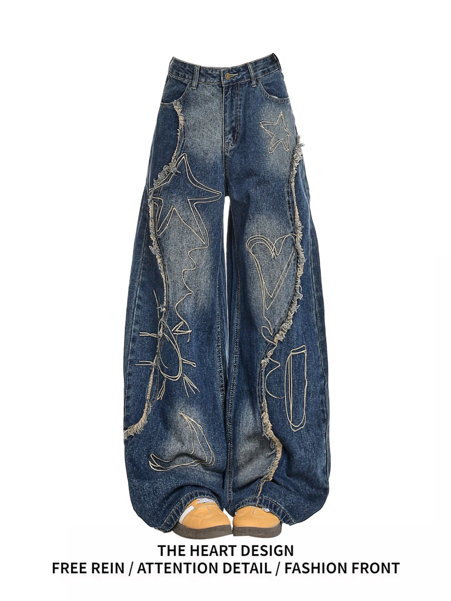 

American Retro Embroidered Frayed Knife Denim Pants Women Spring New Loose Casual Wide Leg Long Trousers High Waist Star Pattern