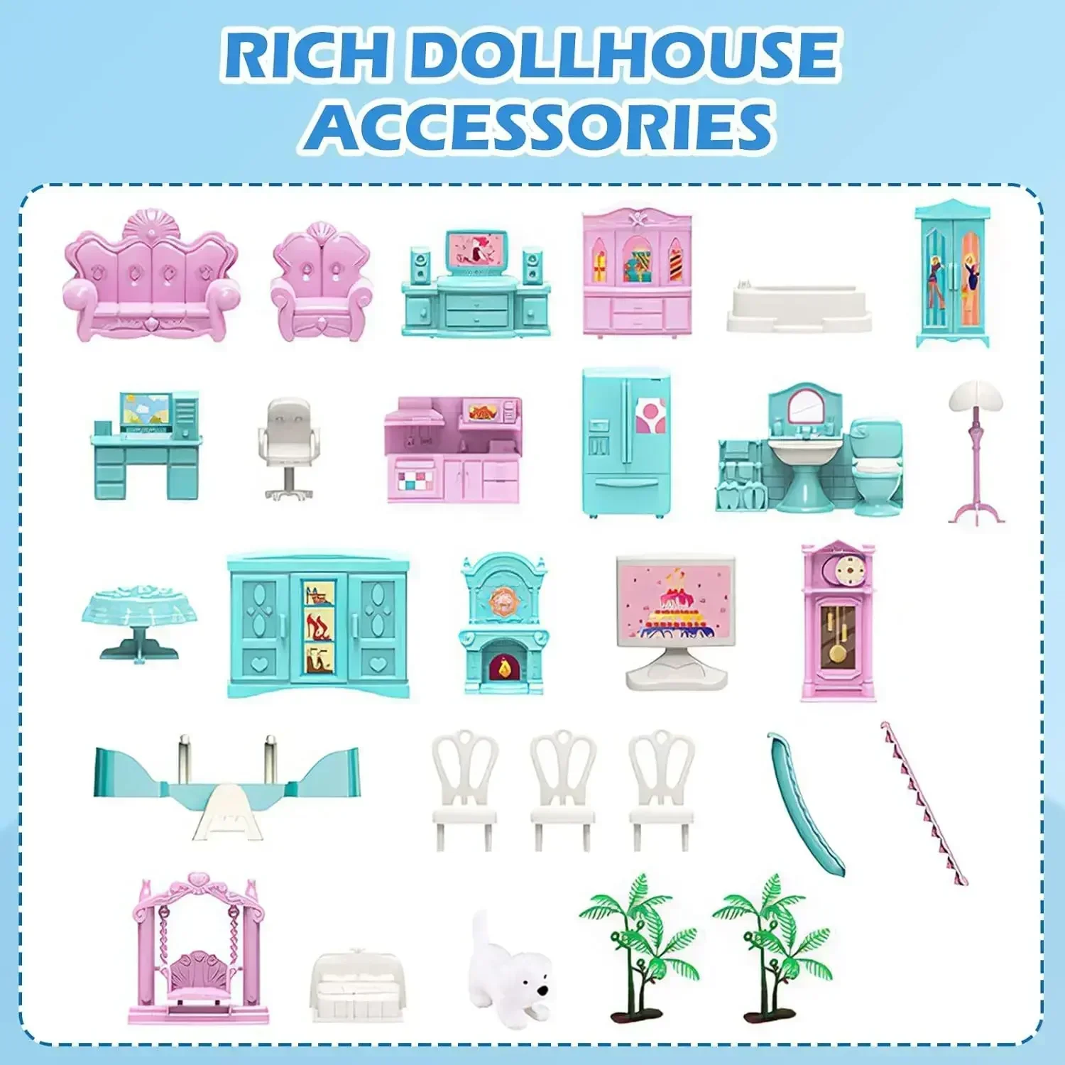Doll House for Girls with Lights Floors Rooms Doll House Playset Sets of Furniture Accessories Toddler Toy House Princess Gift