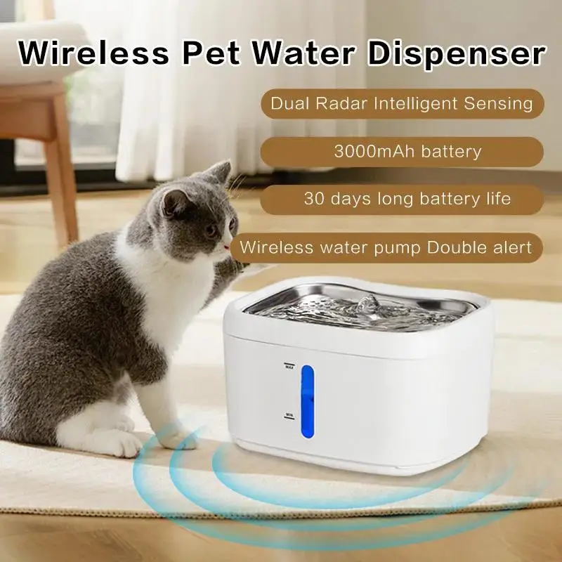 Wireless Cats Water Fountain With 3000mAh Battery Automatic Motion Sensor Stainless Steel Tray Dispenser Multiple Pets\' Drinking