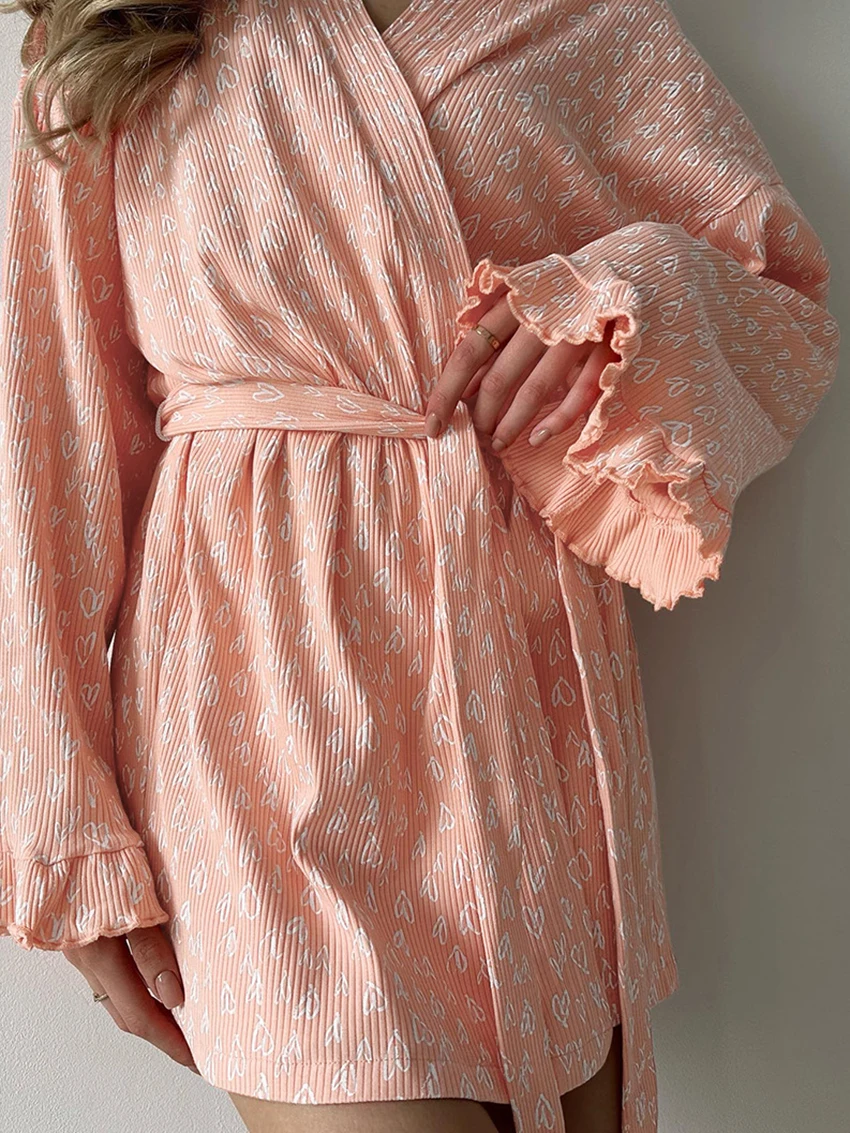 Marthaqiqi Printing Casual Ladies Pajamas Sexy V-Neck Sleepwear Long Sleeve Nightwear Lace Up Nightie Fashion Women'S Pyjamas
