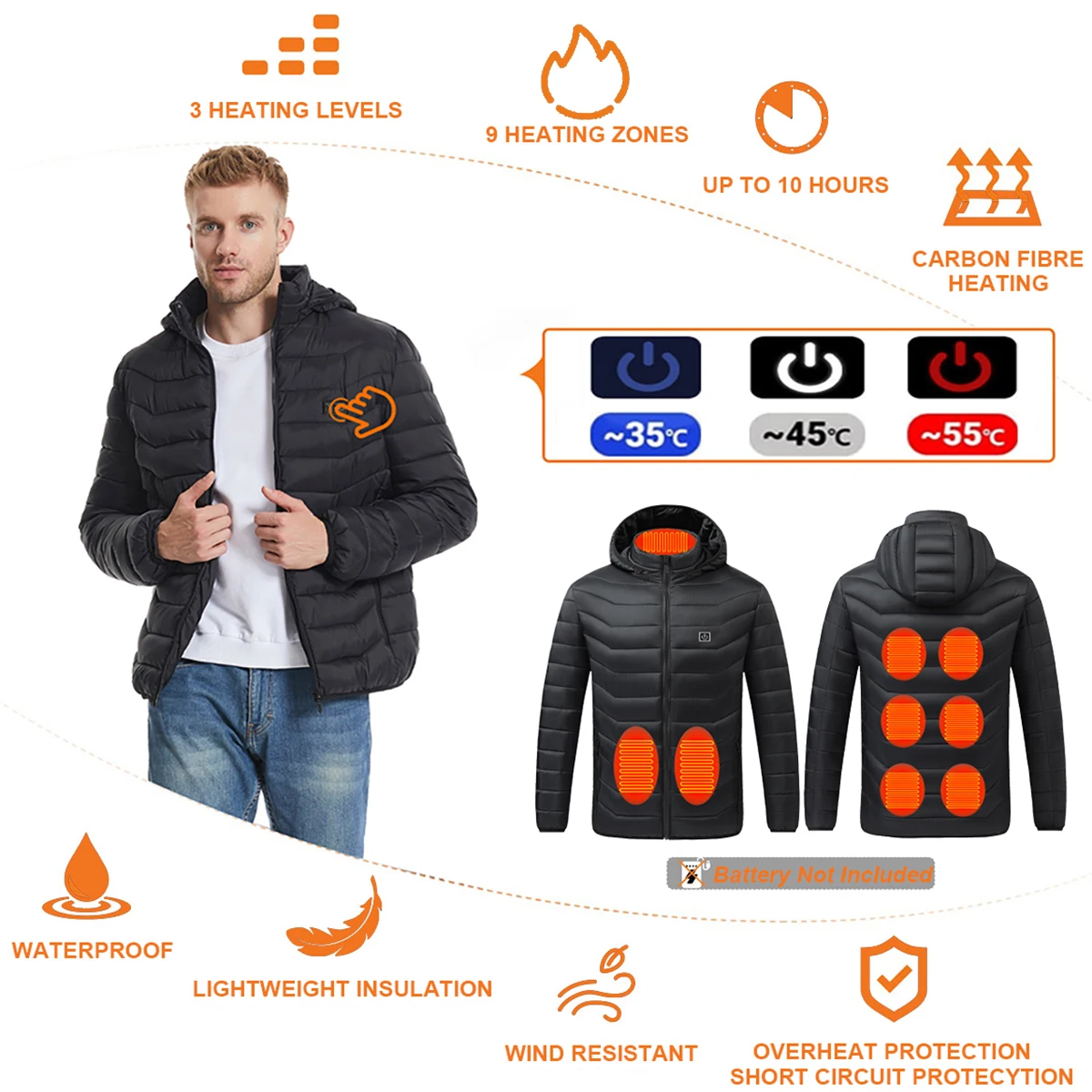 Veste métropolitaine intelligente, veste chaude d'hiver pour hommes et femmes, veste métropolitaine électrique USB avec 9 coussins chauffants en fibre de carbone