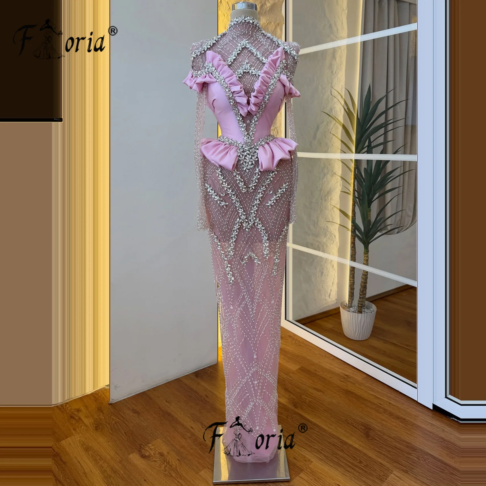 

Elegant Pink Beads Crystals Evening Dresses Pretty Illusion Long Sleeve Formal Party Prom Dresses vestidos de gala Customized