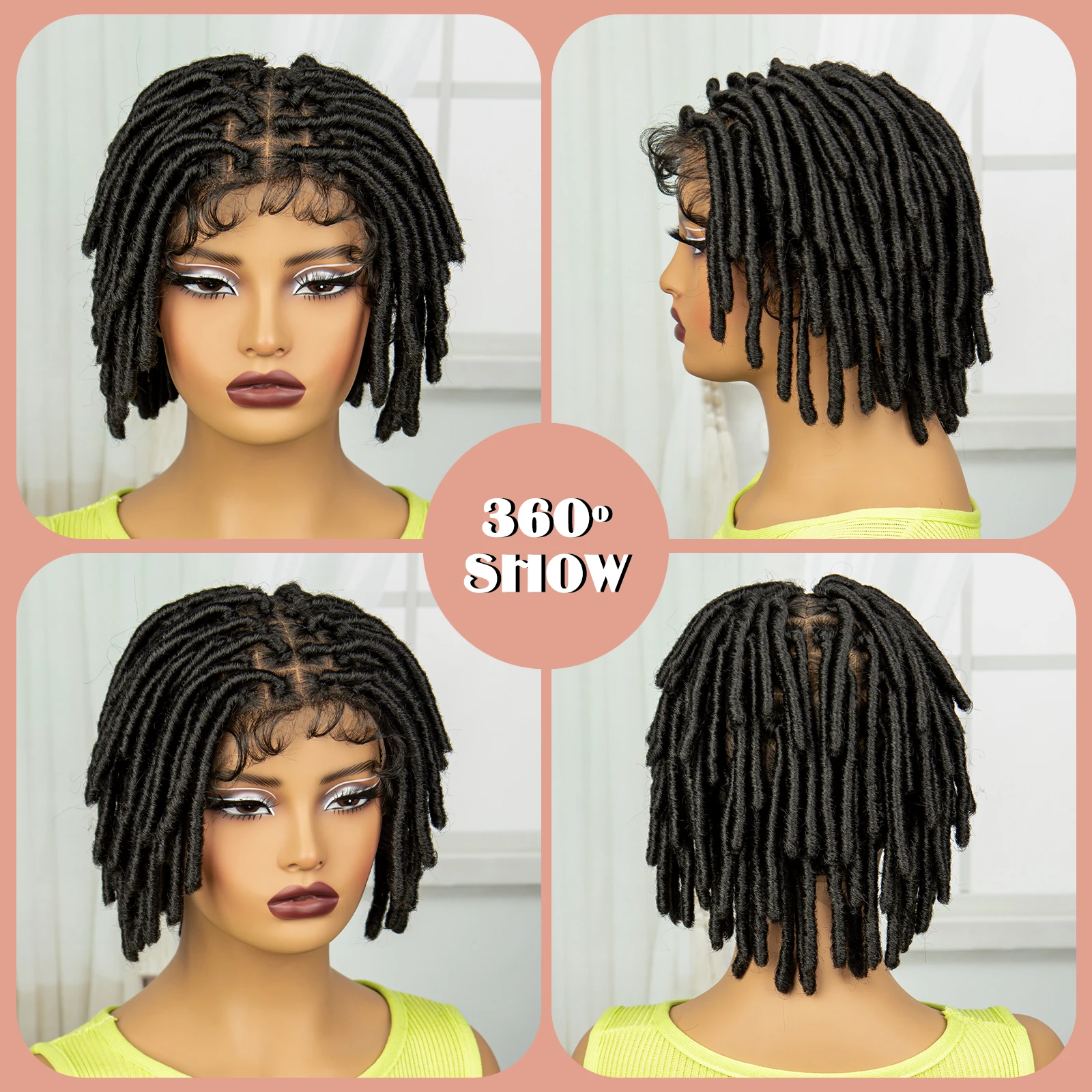 Dreadlocks courts tressés pour femmes, perruques de cheveux de tressage sans nœuds carrés, perruque au crochet torsadée naturelle, devant en dentelle synthétique