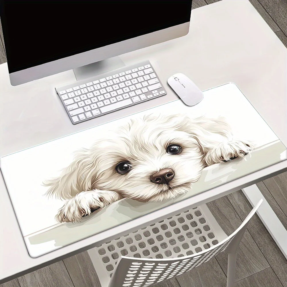 Adorable White Fluffy Puppy Art Extended Mouse Pad Non-Slip Large Desk Mat for Gaming Office Laptop Keyboard and Computer Use