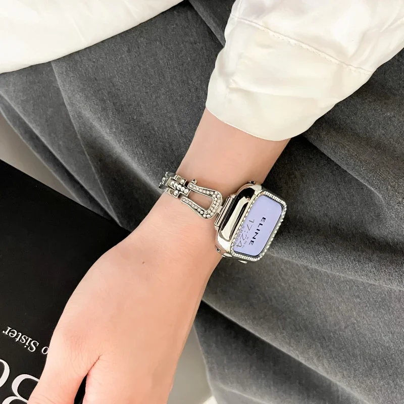 Металлический ремешок для Apple Watch Band 49 мм 46 42 45 41 38 40 44 мм с пряжкой в форме подковы Роскошный женский браслет с бриллиантами iWatch S10 9 8 7 6 5