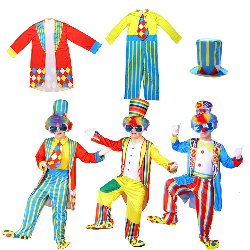 

Magician Circus Clown Costumes Party Clothes Halloween Cosplay Costume with Tall Hat Colorful Wig Gloves Joker Bag