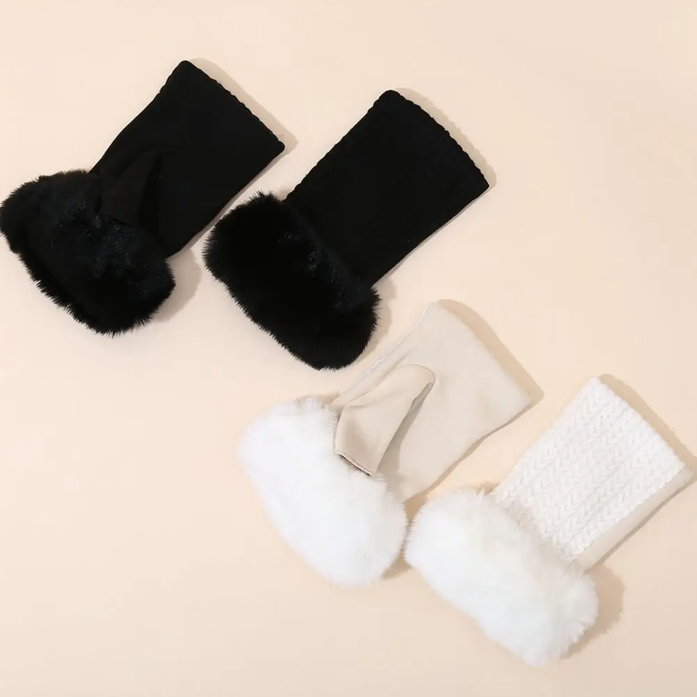 Women Knitted Fingerless Gloves Autumn Winter Thermal Half Finger Mittens Cable Knit Stylish Soft Plush Lined Hand Warmers