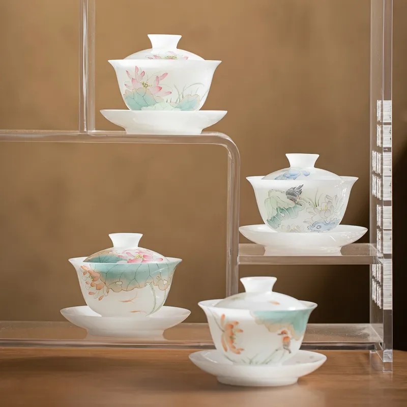 Hand Painted Lotus Ice Jade Porcelain Gaiwan Kung Fu Tea Set Three Talents Cover Bowl Household Gift High End Teaware