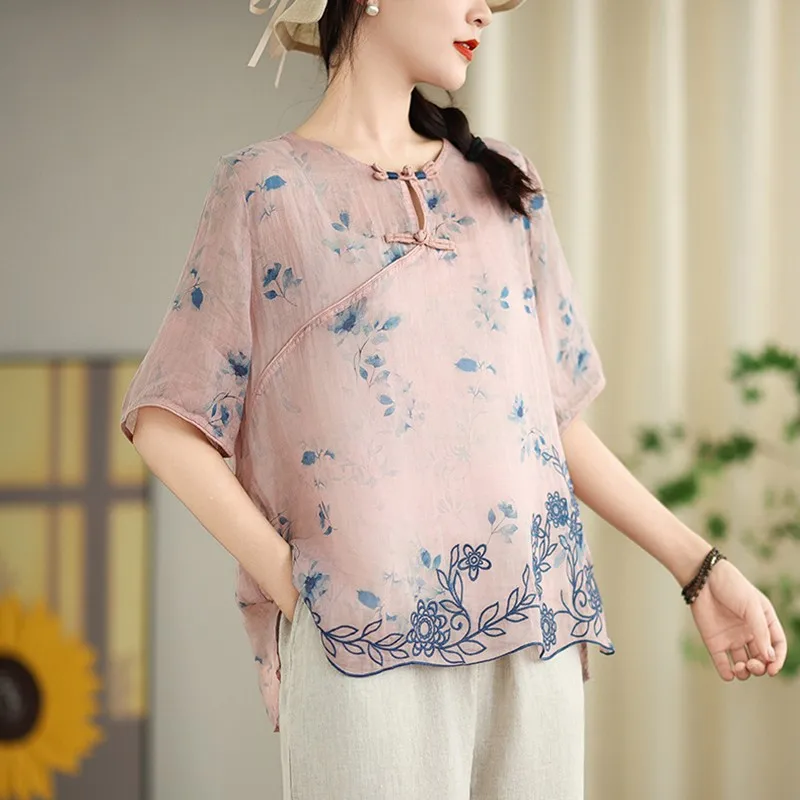 Women Casual Blouses Shirts New Arrival 2024 Summer Chinese Style Vintage Embroidery Loose Feamle Short Sleeve Tops B3882