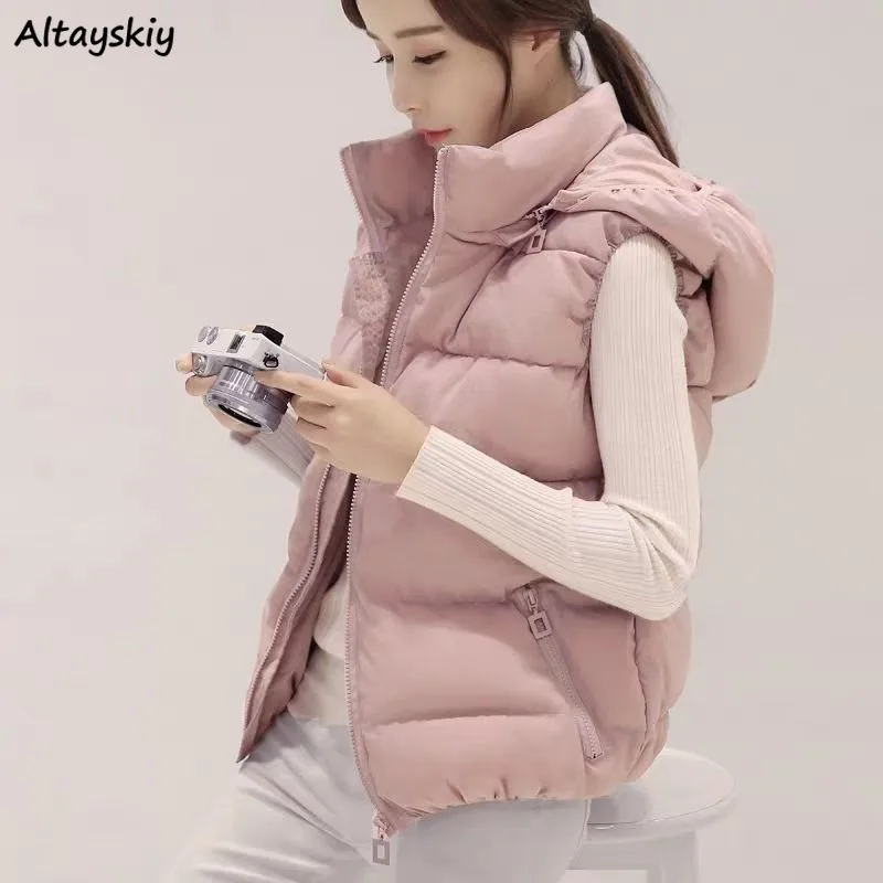 

Sleeveless Parkas Women Hooded Zippers Warm All-match Casual Slimming Korean Fashion Coats High Street Solid Minimalist Winter