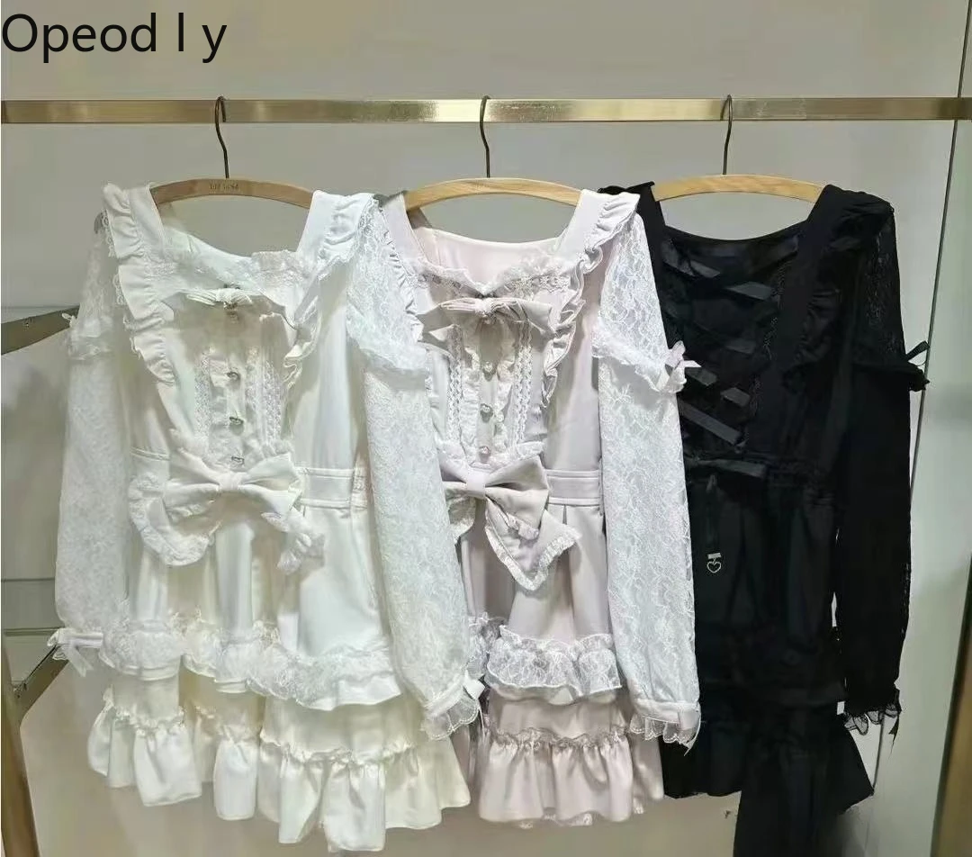 

New Liz Japanese Mass-produced Lace Bow Lolita Off-the-shoulder Dress Sweet Princess Style Cake Layer Long-sleeved Women's Dress