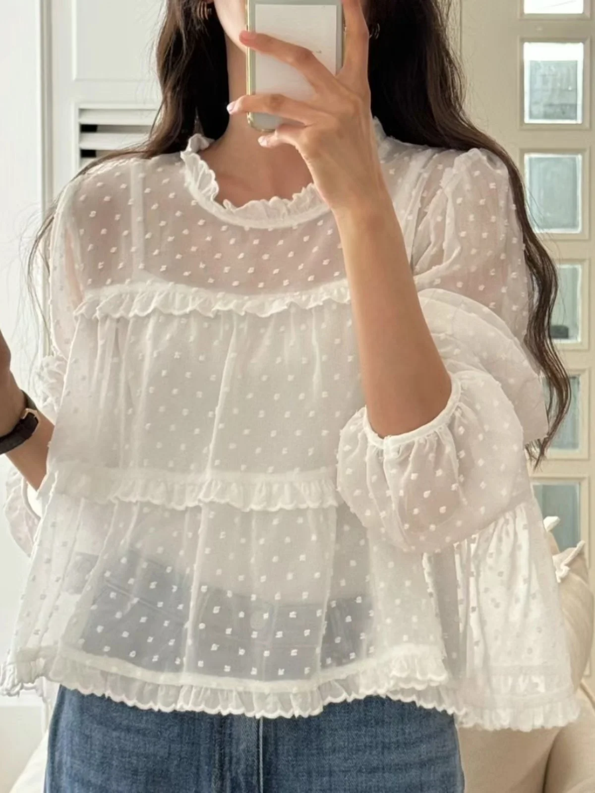 シックなラウンドネック水玉模様長袖シャツレディースインナーウェアトップス春新鮮な若々しい韓国スタイルルーズフィットブラウス