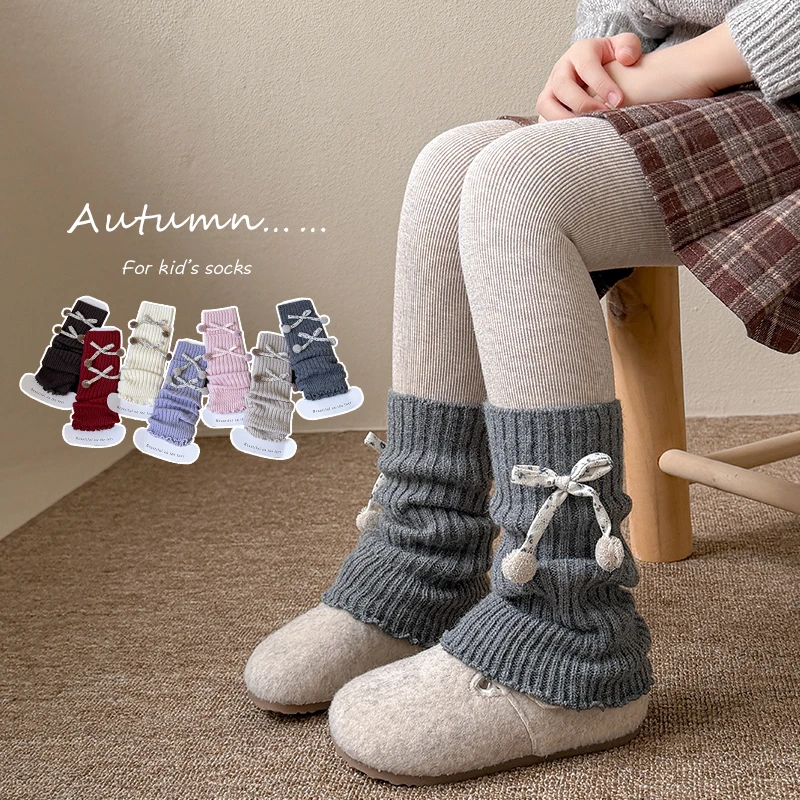 Little Girls Thick Warm Winter Autumn Solid Color Leg Covers Cute Pom Pom Bow Decoration Ruffled Trim Soft Stretchy Sock Sleeves
