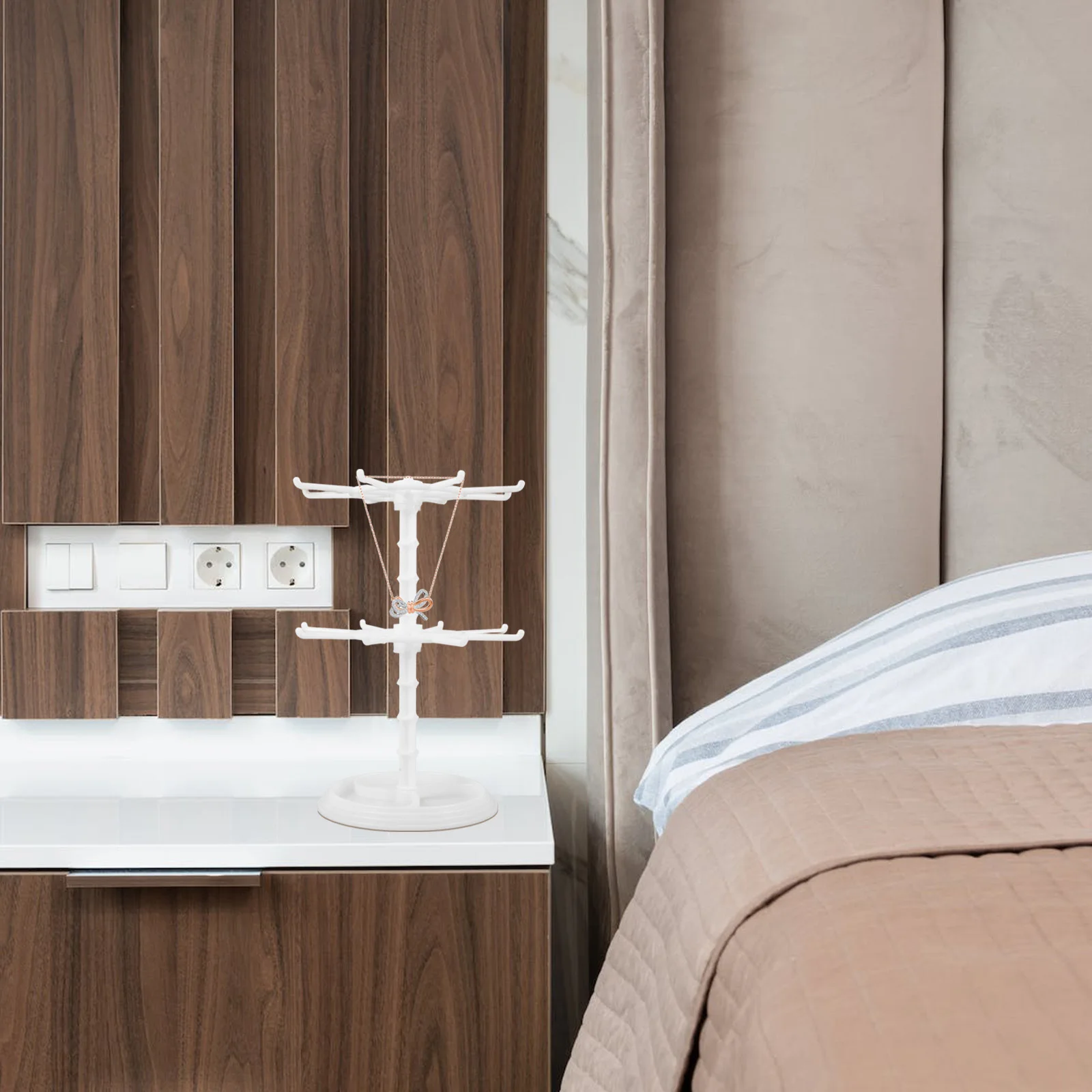 

2 Tier Rotating Jewelry Display Stand White Adjustable Earring Necklace Bracelet Holder Organizer Rack For Retail Home Use