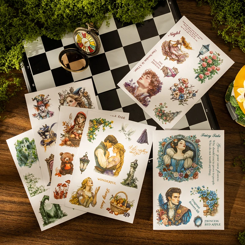 

Сказочная серия с блестками, винтажный персонаж, цветок, пейзаж, наклейка, книга, креативный DIY журнал, материал, канцелярские принадлежности для коллажа