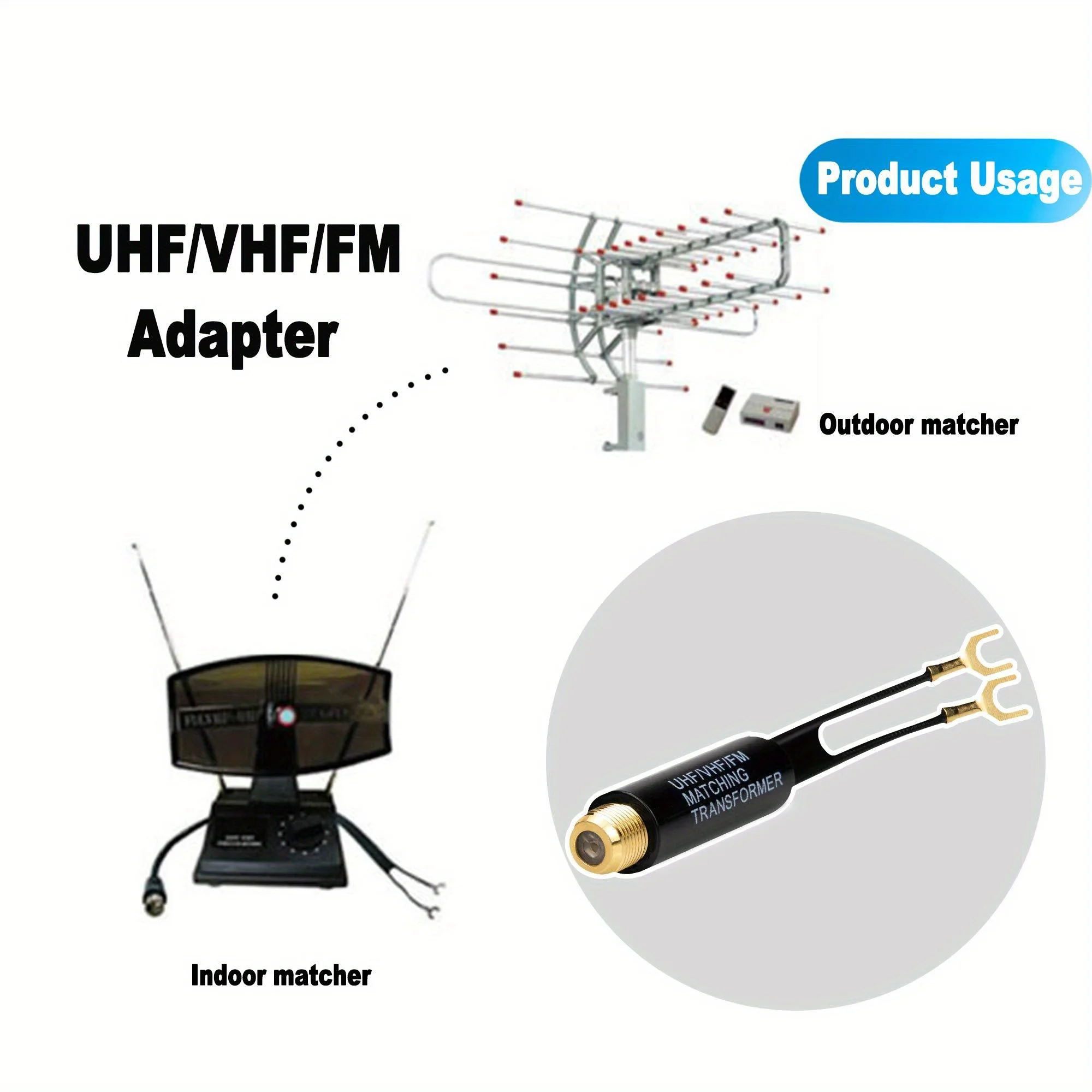 75Ohm to 300 Ohm UHF/VHF/FM Antenna Matching Transformer Converter Adapter with F Type Female Plug Coaxial Connector