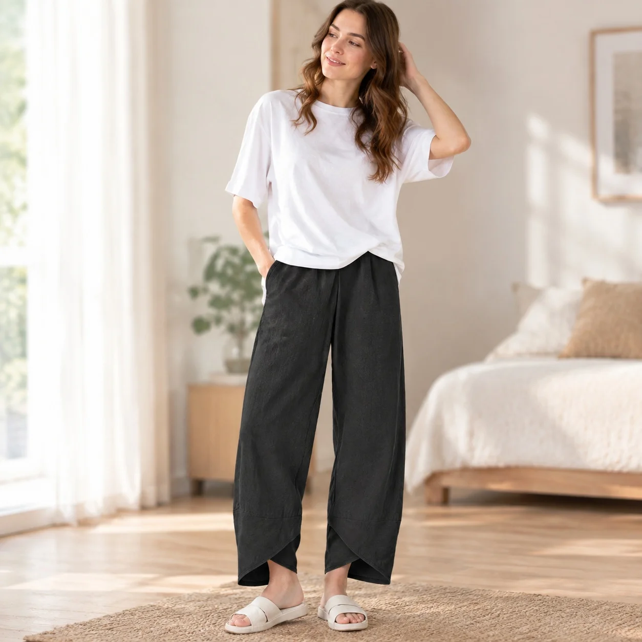 Pantalones casuales de corte holgado, estilo coreano, con efecto lavado, de largo completo, cintura media, tejido grueso, ideales para la primavera y para usar en casa.