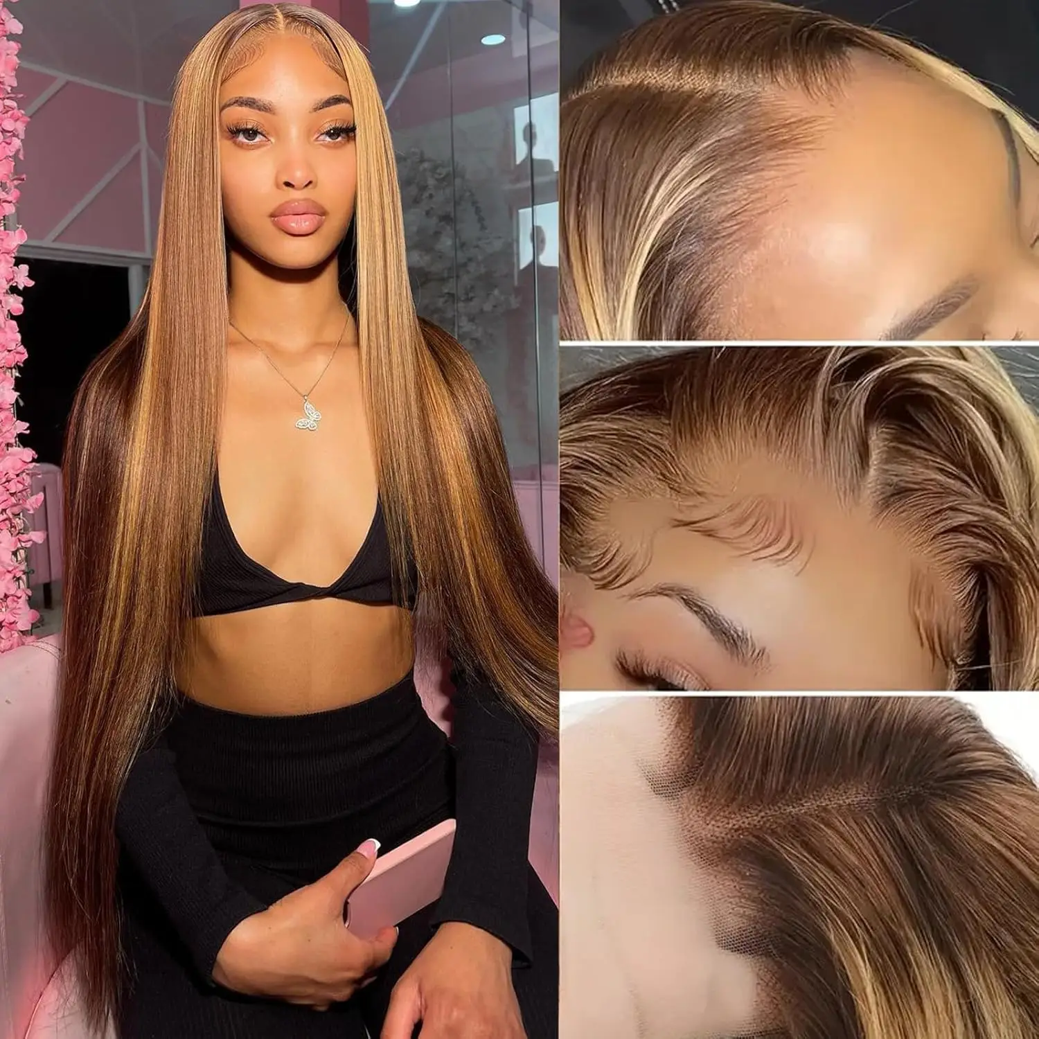 

30-дюймовый 13x4 кружевной фронтальный парик, человеческие волосы, плотность 220%, прямой мелированный парик с эффектом омбре, человеческие волосы, предварительно выщипанные для женщин