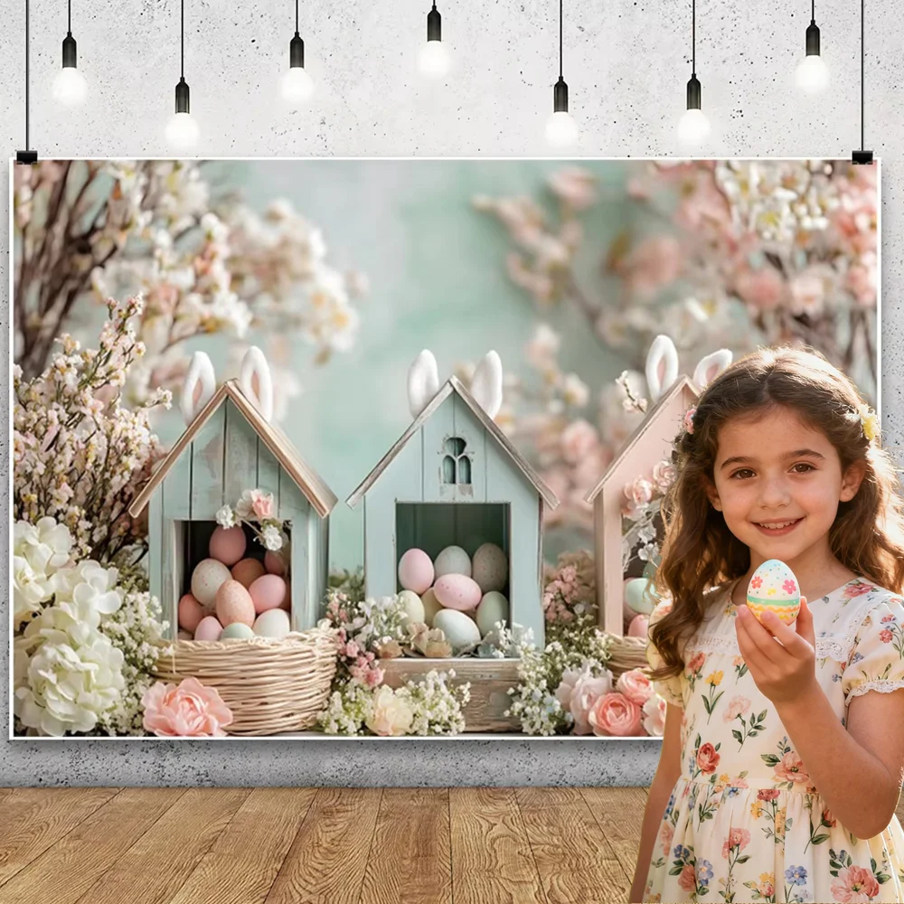 

Customized Spring Flower Egg Bunny House Balloon Background For Easter Family Party Decoration Portrait Photography Banner Props
