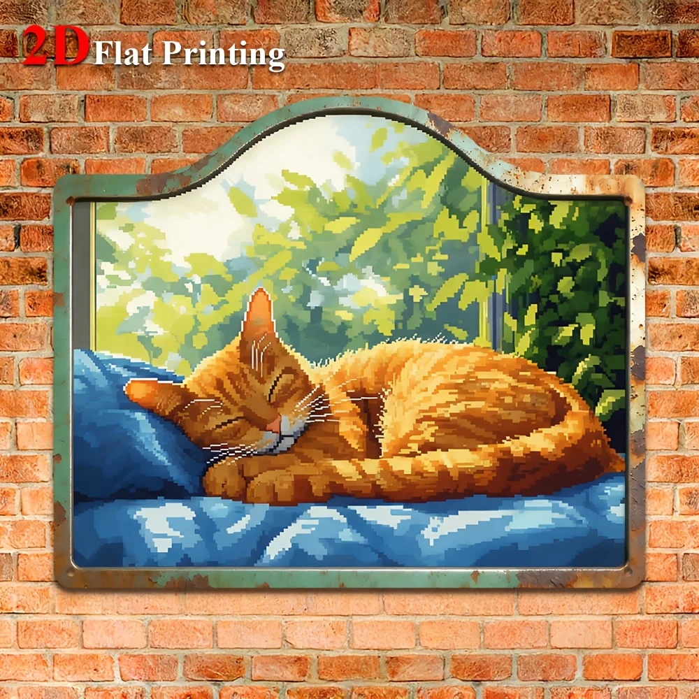 1pc 2D Flat Sign Artwork Depicting A Cozy Orange Cat Napping On A Blue Bed, Ideal For Decorating Your Living Room, Bedroom