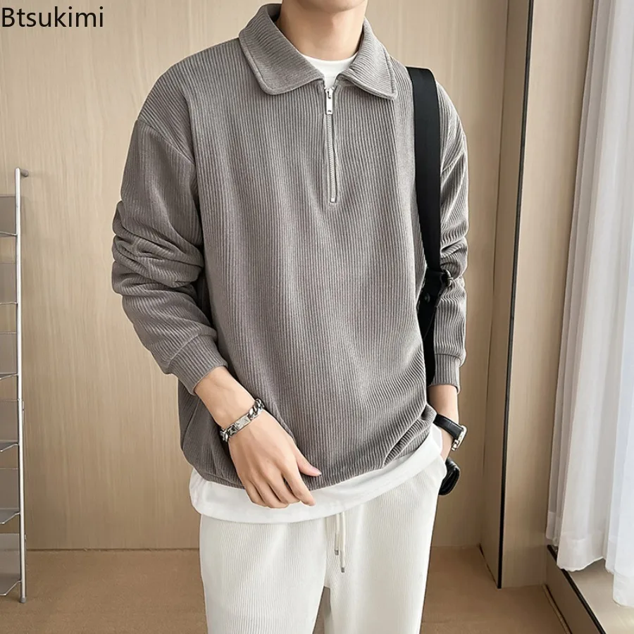 

2025 Fashion Men's Half Zipper Polo Shirts Spring Autumn Long Sleeve Sweatshirts Solid Striped Pullover Man Casual Hoodies Coats