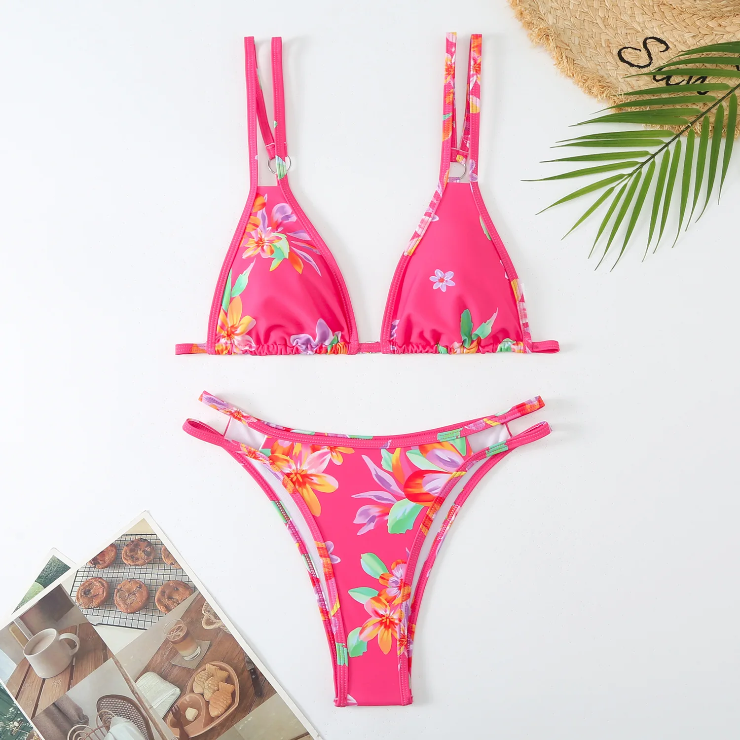 Fashion Flower Print Bikini Set 2024 Women's Beach Swimsuit Summer Vacation Swim Outfits Thong Suspender Backless Bathing Suit