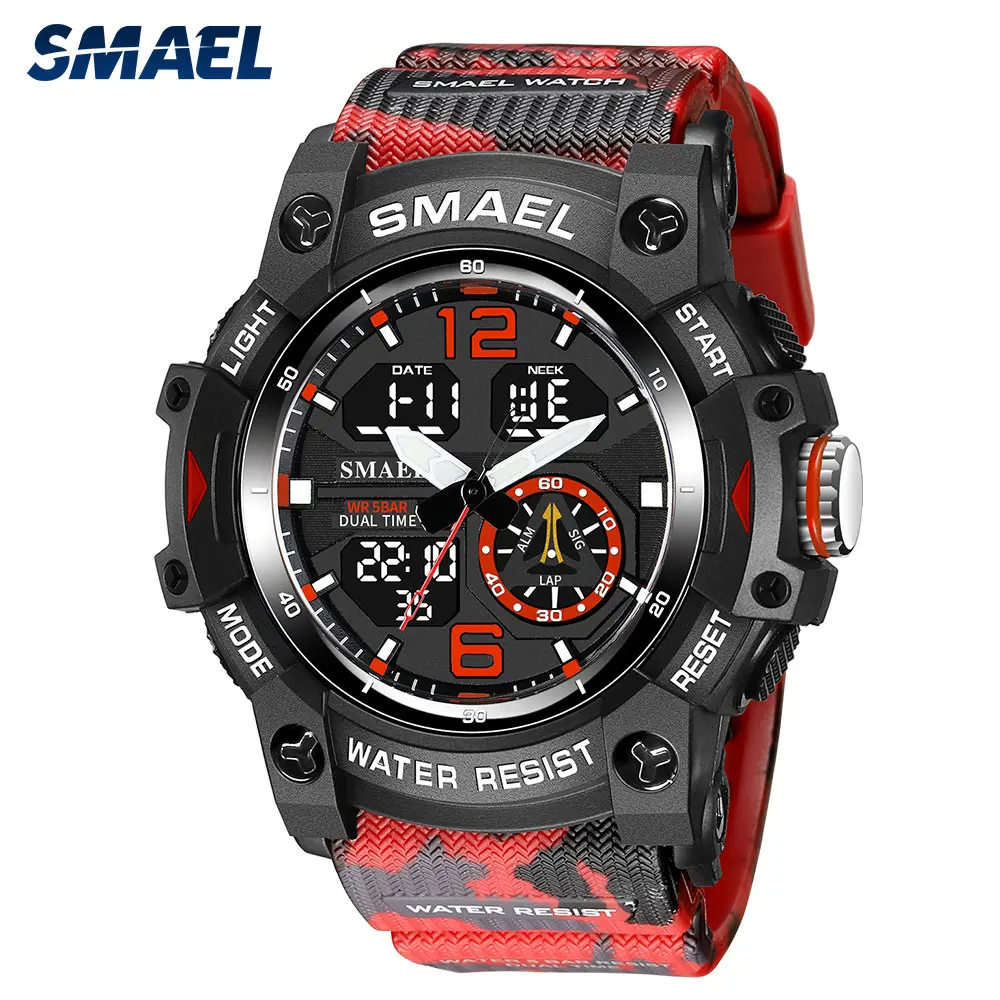 SMAEL Camouflage Red Strap Digital Watch for Men Waterproof Dual Time Display Quartz Wristwatch with Chronograph Date Week 8007