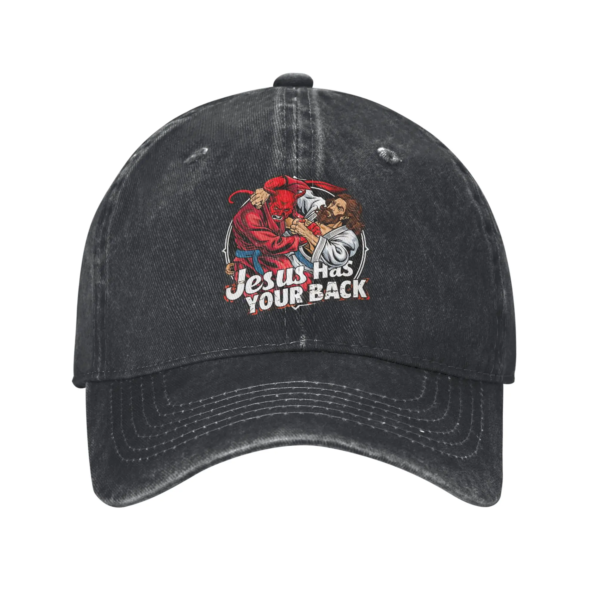 Herren Damen Baseballkappe mit Aufdruck „Jesus Has Your Back Jiu Jitsu“, Vintage-Baseballkappe aus Distressed-Denim, verstellbar