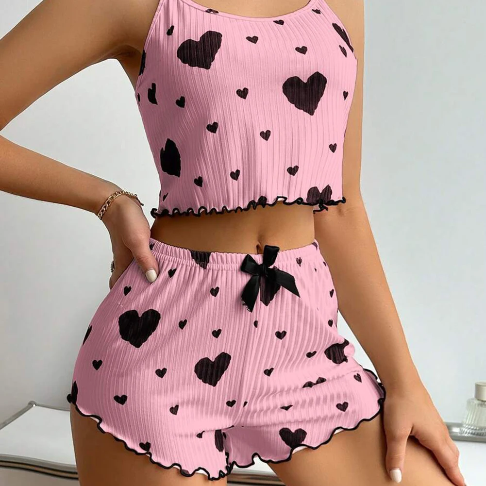 Women\'s Summer 2PCS Pajama Set Sling Vest with Shorts 2025 Newly Love Heart Print Spaghetti Strap Camisole Sleepwear for Girls