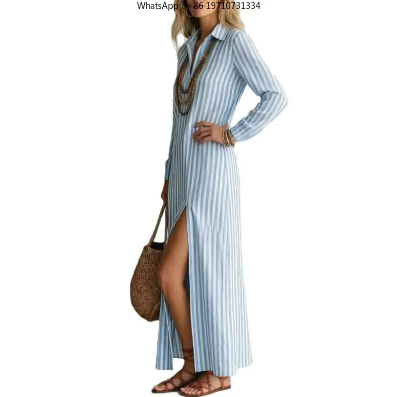 Women Autumn Striped Print Maxi Dress V Neck Long Sleeve Loose Slit Straight Boho Long Dress