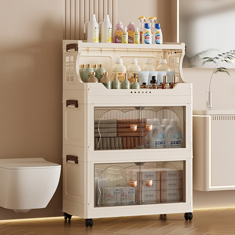 Folding storage cabinet - multi-level storage rack for kitchen clutter - home living room snack and toy storage cabinet