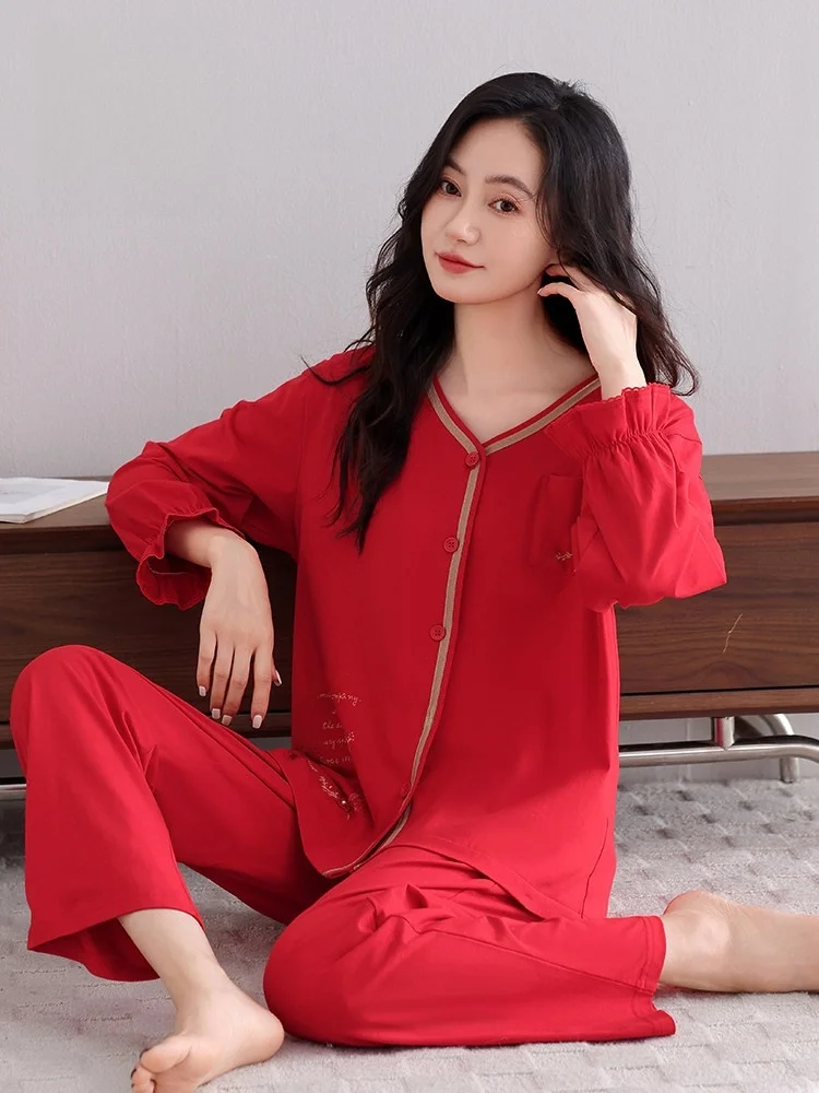 

Red Long Sve V-Ne Spwear Women's Home Clothes Cotton Material Spring Autumn 2026 Year New Sle Person
