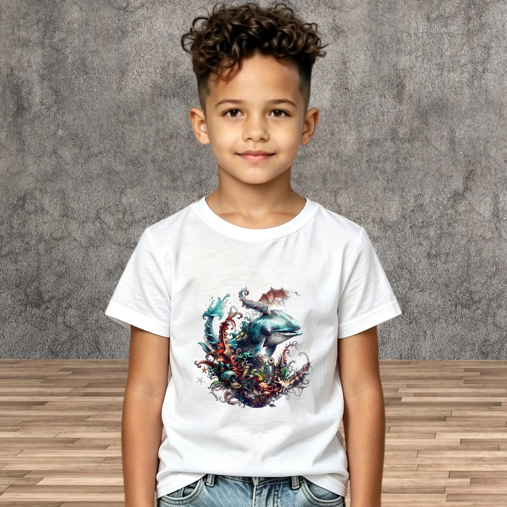 Summer Boys Girls T-Shirt Fantasy Whale Pattern Short Sleeve Kids Colorful Sea Creatures Print Tops